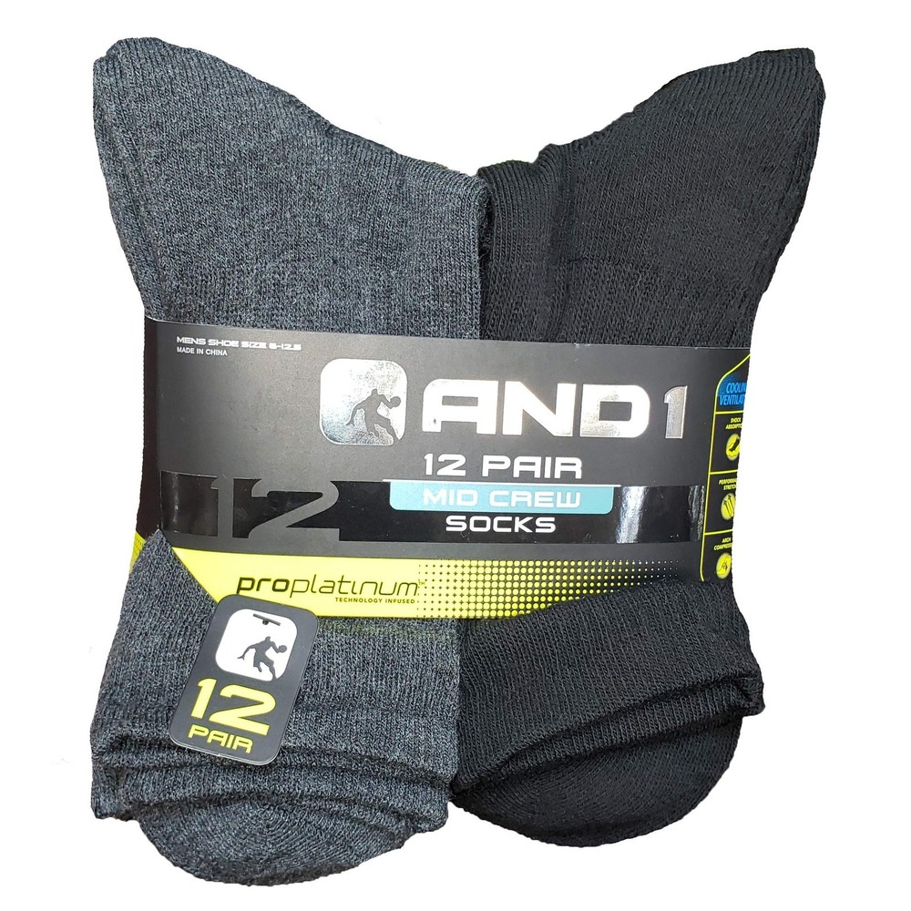 AND1 Mid Crew Socks Mens 6-12.5 Black Gray NWT 12 Pairs ProPlatinum Polycotton